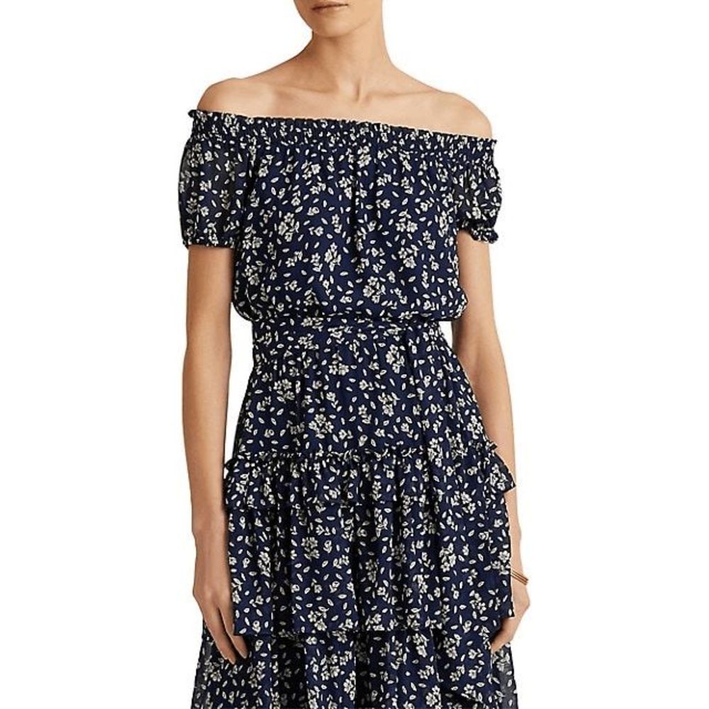 Lauren Ralph Lauren Floral Crinkled Georgette Dress - Blue Cream 16 - Picture 7 of 9